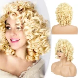 African Spiral Curl Beige Medium Length Hair Wig - Image 1