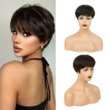 Short head covering wig dark brown short straight hair - Image 3